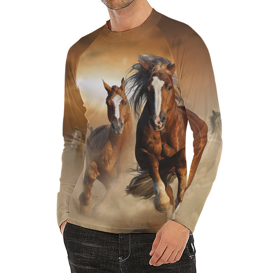 Running Wild Horses Print Men's Long Sleeve Rash Guard