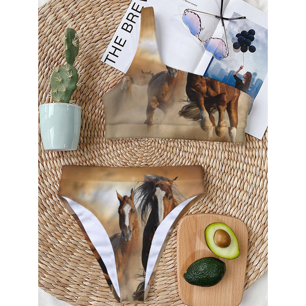 Running Wild Horses Print One Shoulder Bikini Top