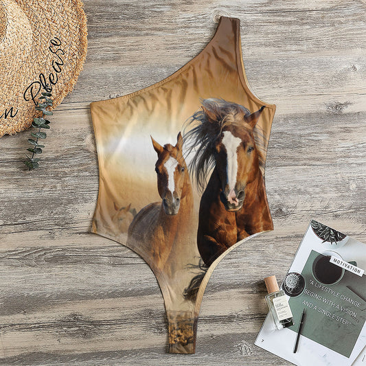 Running Wild Horses Print One Shoulder Bodysuit
