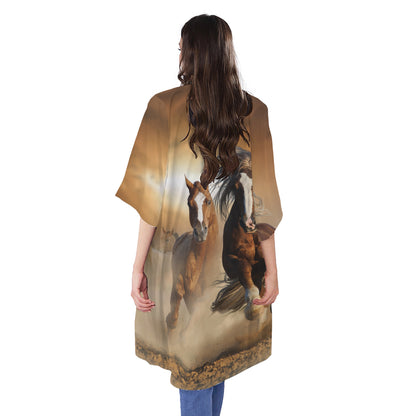 Running Wild Horses Print Open Front Beach Cover Up