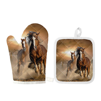 Running Wild Horses Print Oven Mitt And Pot Holder Set