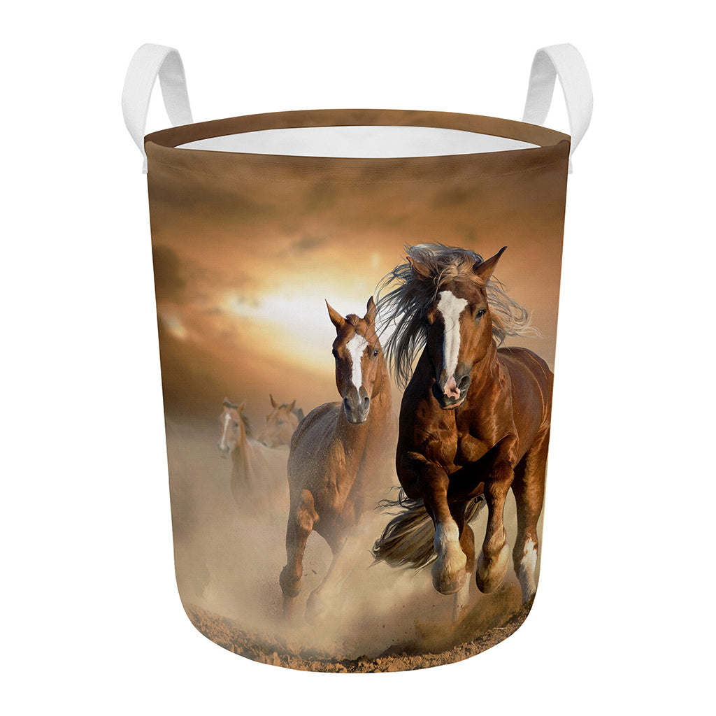 Running Wild Horses Print Round Laundry Basket
