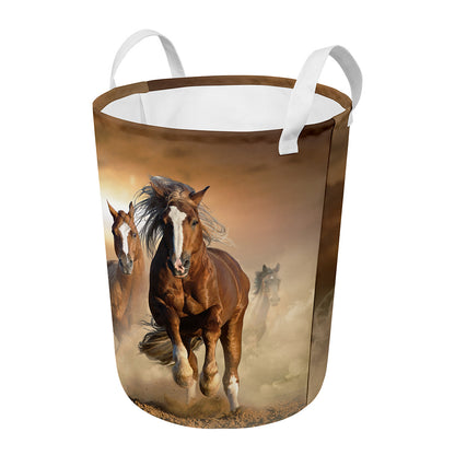 Running Wild Horses Print Round Laundry Basket