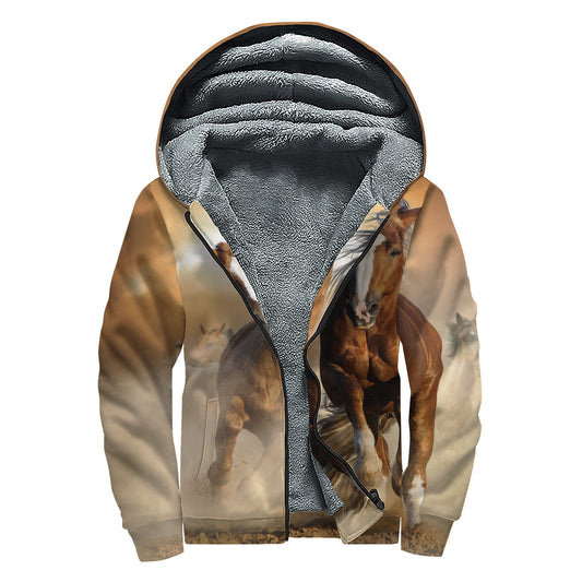 Running Wild Horses Print Sherpa Lined Zip Up Hoodie