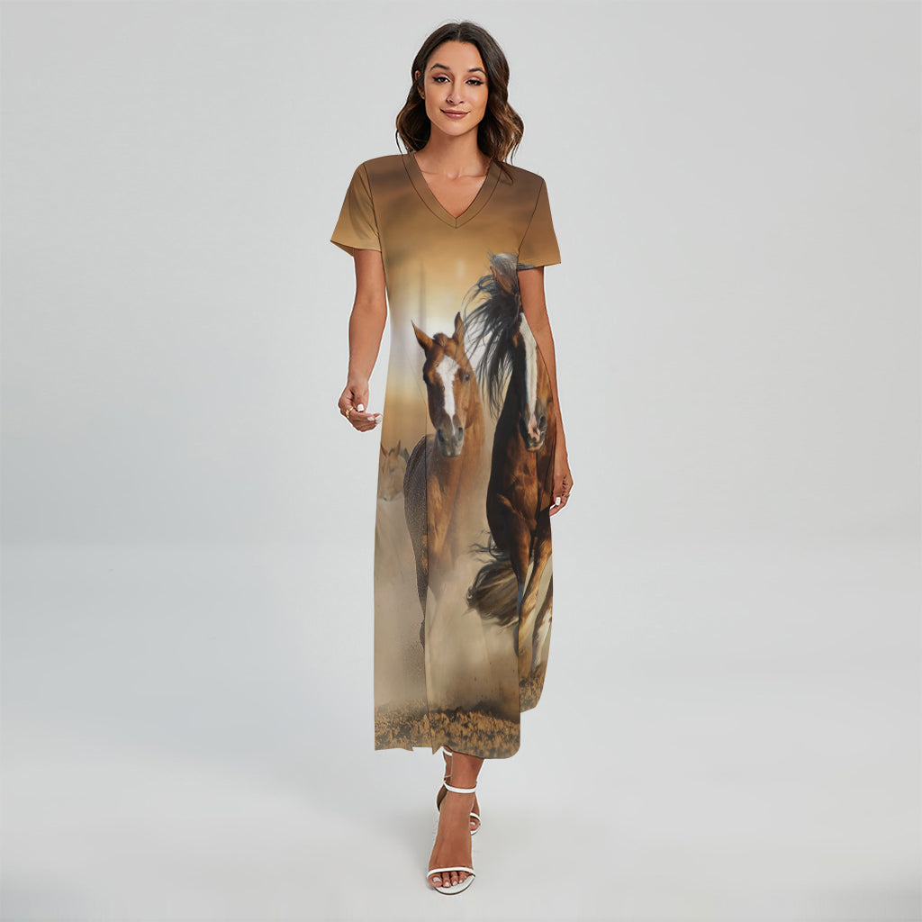 Running Wild Horses Print Short Sleeve Maxi Dress