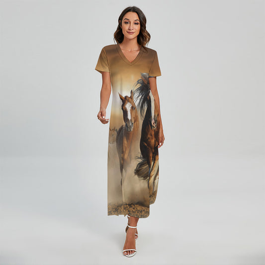 Running Wild Horses Print Short Sleeve Maxi Dress