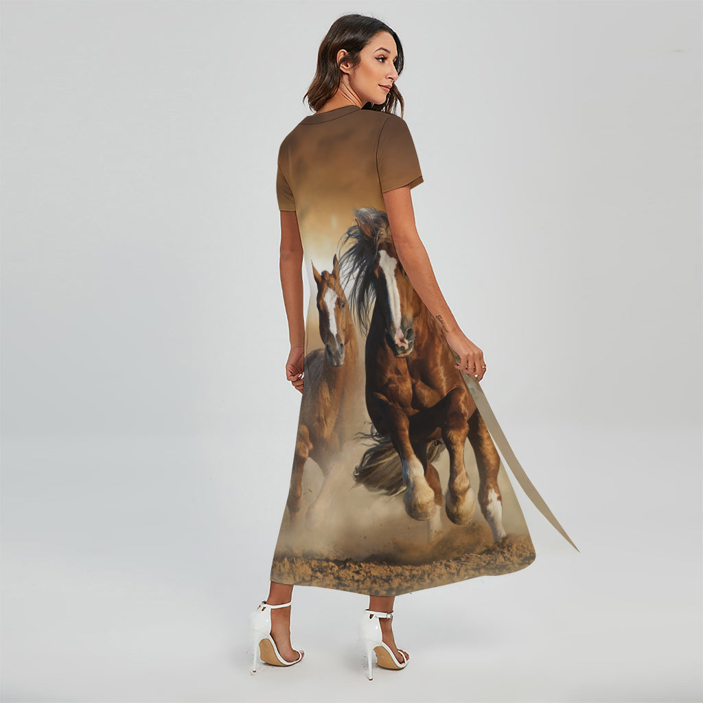 Running Wild Horses Print Short Sleeve Maxi Dress