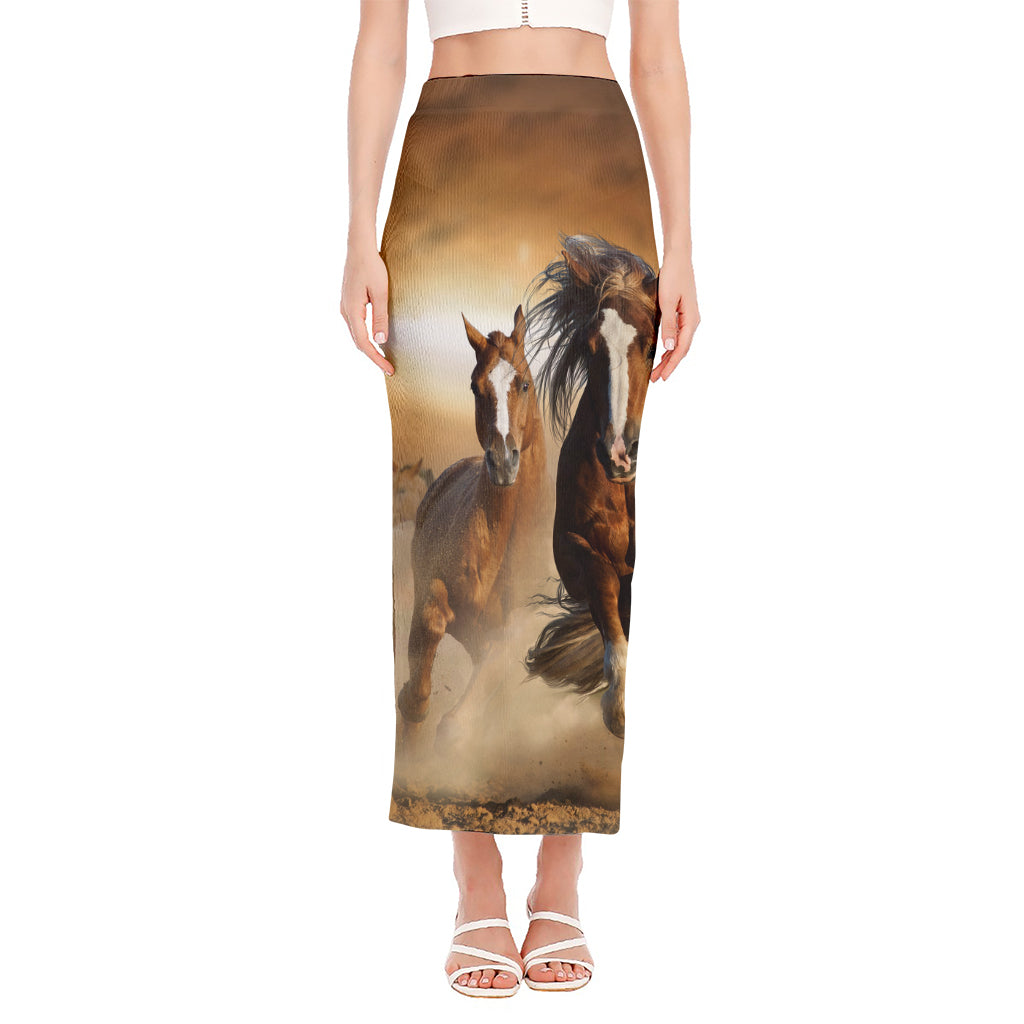Running Wild Horses Print Side Slit Maxi Skirt