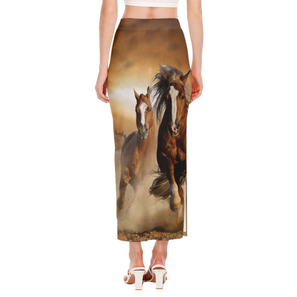 Running Wild Horses Print Side Slit Maxi Skirt