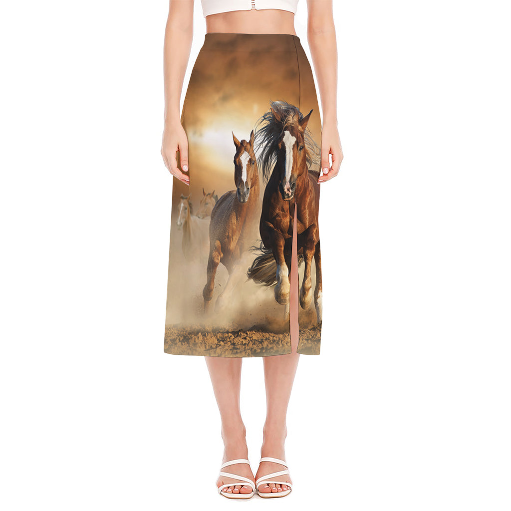 Running Wild Horses Print Side Slit Midi Skirt