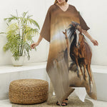 Running Wild Horses Print Silk V-Neck Kaftan Dress