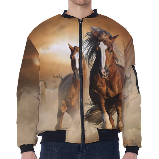 Running Wild Horses Print Zip Sleeve Bomber Jacket