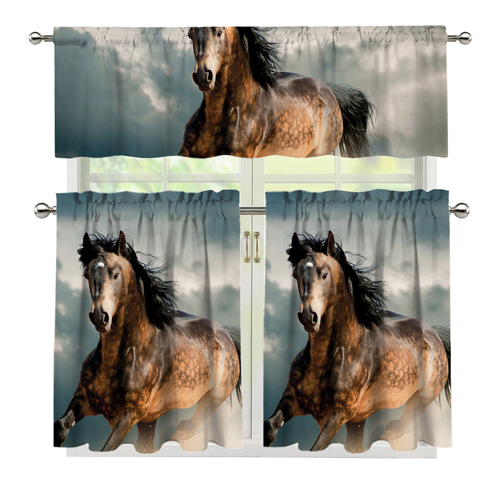 Running Wild Stallion Horse Print 3 Piece Kitchen Curtains