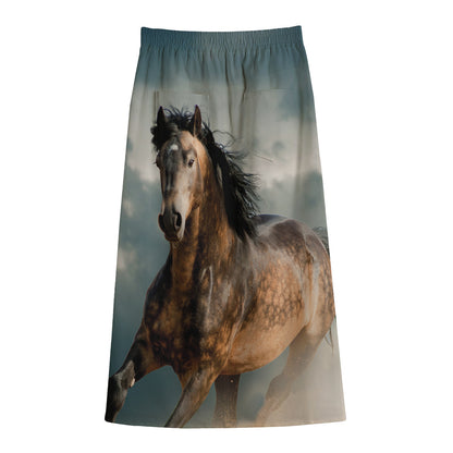 Running Wild Stallion Horse Print Cotton Front Slit Maxi Skirt