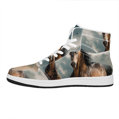 Running Wild Stallion Horse Print High Top Leather Sneakers