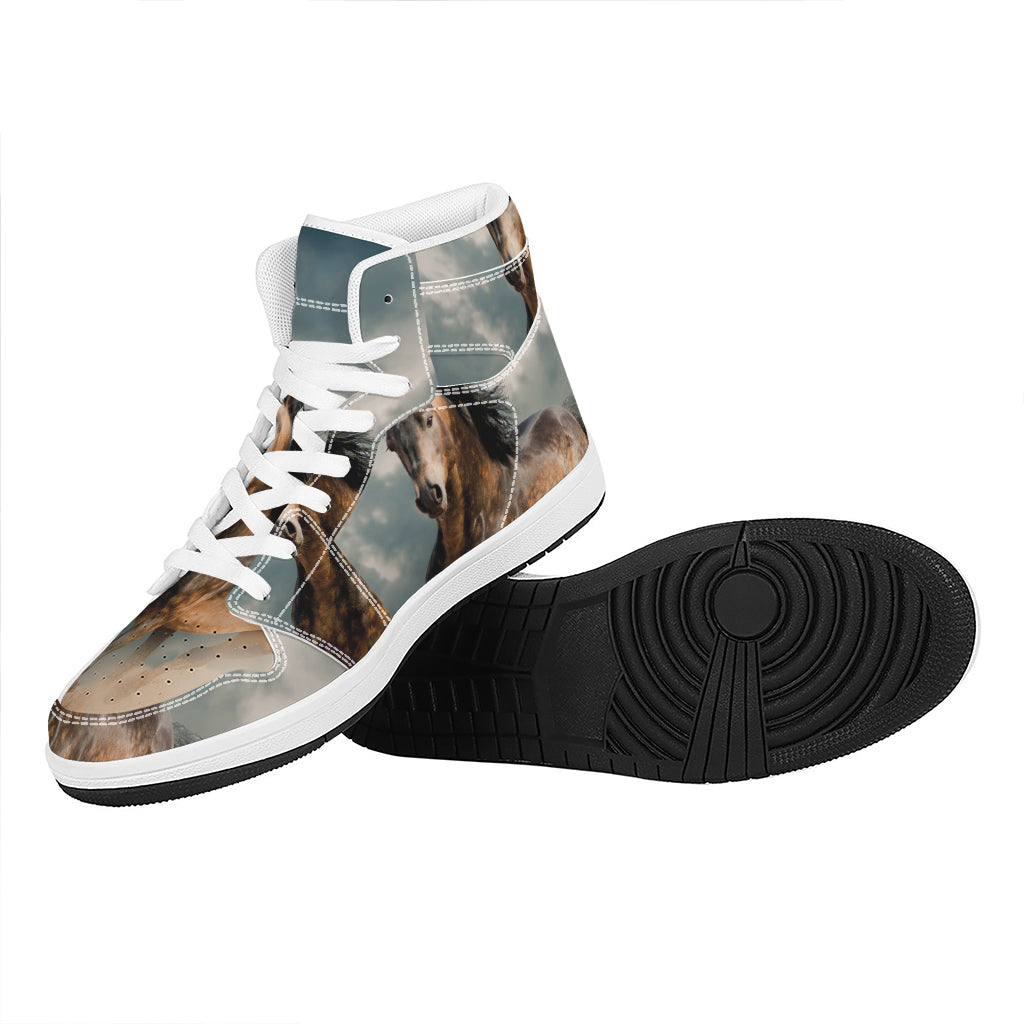 Running Wild Stallion Horse Print High Top Leather Sneakers