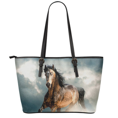 Running Wild Stallion Horse Print Leather Tote Bag