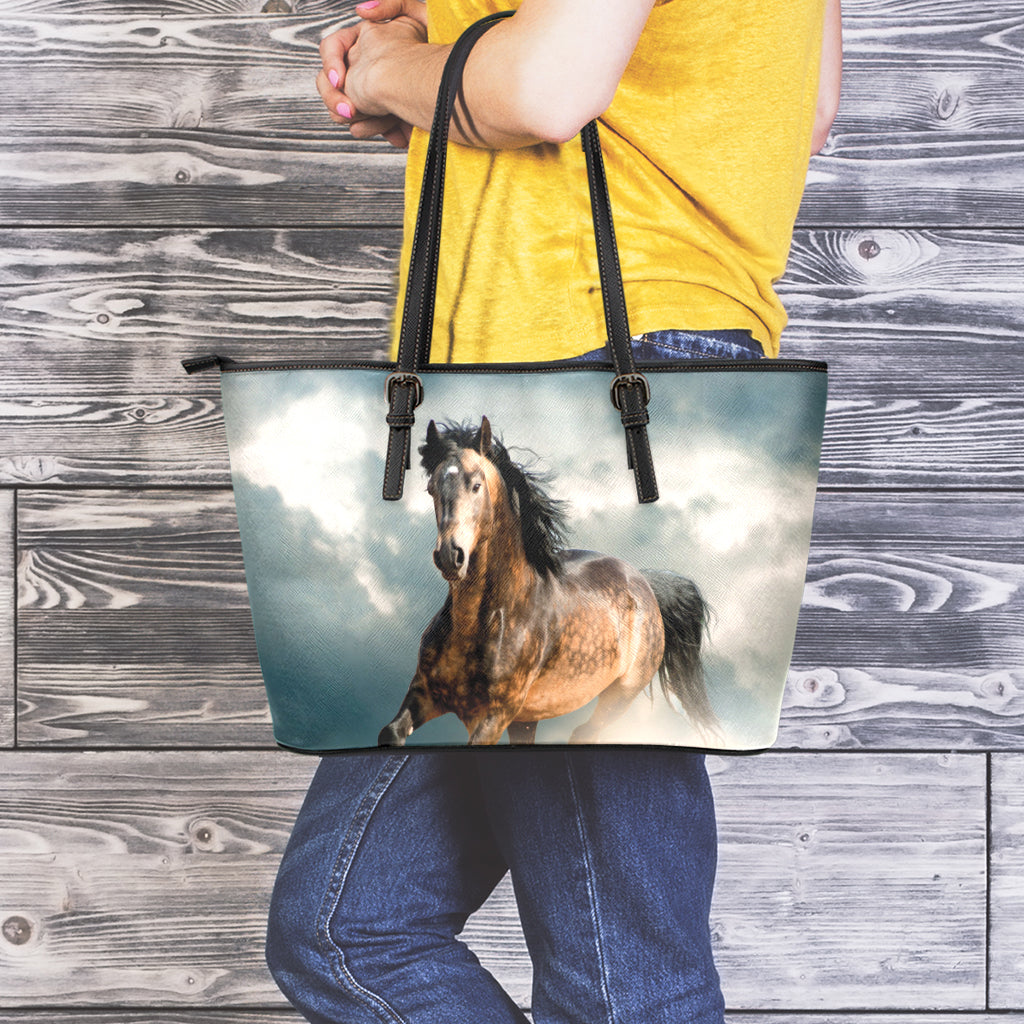 Running Wild Stallion Horse Print Leather Tote Bag