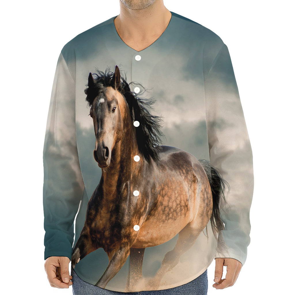 Running Wild Stallion Horse Print Long Sleeve Baseball Jersey