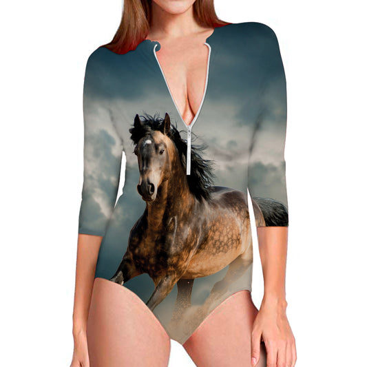 Running Wild Stallion Horse Print Long Sleeve Swimsuit