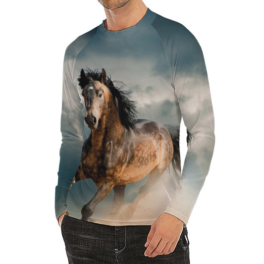 Running Wild Stallion Horse Print Men's Long Sleeve Rash Guard