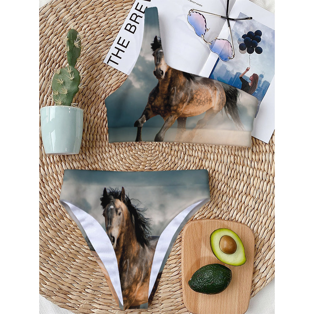 Running Wild Stallion Horse Print One Shoulder Bikini Top