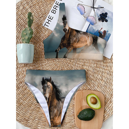 Running Wild Stallion Horse Print One Shoulder Bikini Top