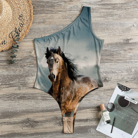 Running Wild Stallion Horse Print One Shoulder Bodysuit