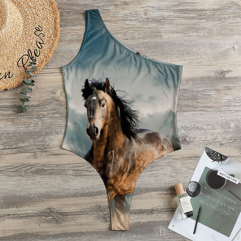 Running Wild Stallion Horse Print One Shoulder Bodysuit