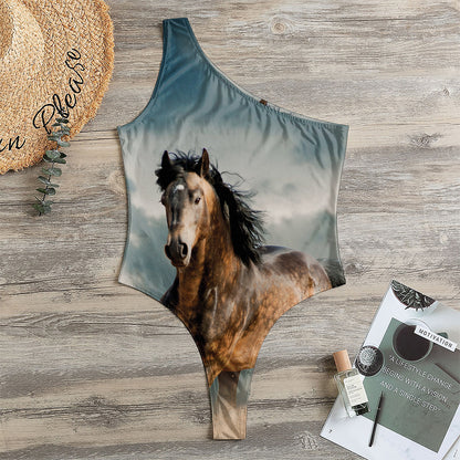Running Wild Stallion Horse Print One Shoulder Bodysuit