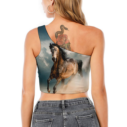 Running Wild Stallion Horse Print One Shoulder Crop Top
