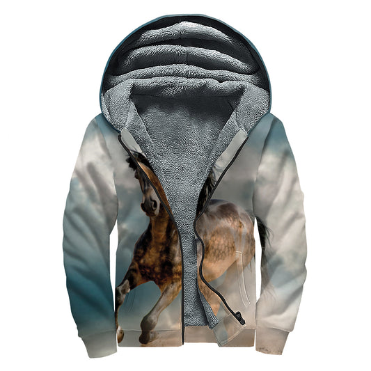 Running Wild Stallion Horse Print Sherpa Lined Zip Up Hoodie