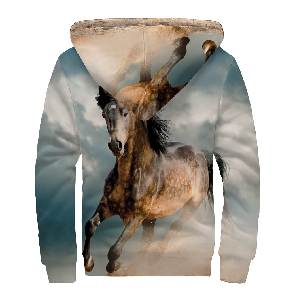 Running Wild Stallion Horse Print Sherpa Lined Zip Up Hoodie