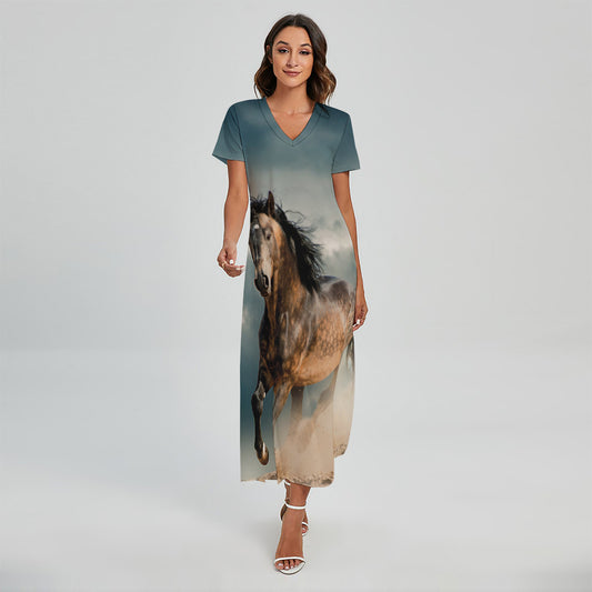 Running Wild Stallion Horse Print Short Sleeve Maxi Dress