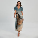 Running Wild Stallion Horse Print Short Sleeve Maxi Dress