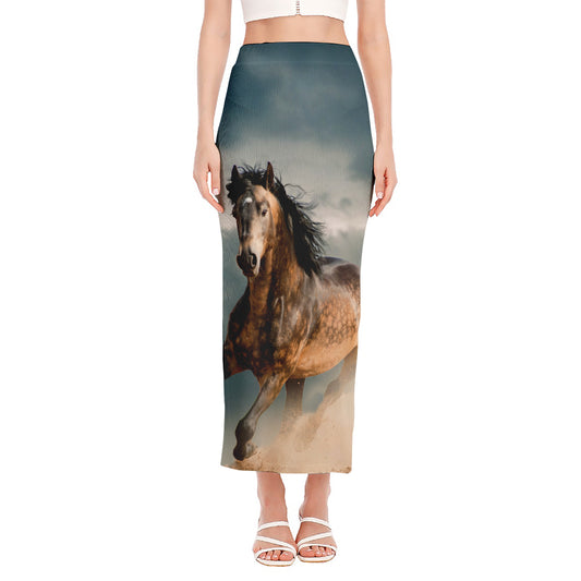 Running Wild Stallion Horse Print Side Slit Maxi Skirt