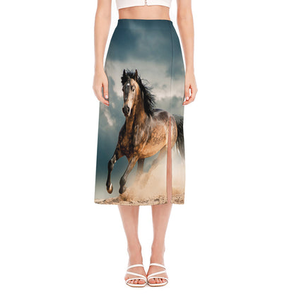 Running Wild Stallion Horse Print Side Slit Midi Skirt