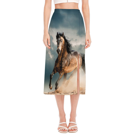 Running Wild Stallion Horse Print Side Slit Midi Skirt