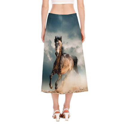 Running Wild Stallion Horse Print Side Slit Midi Skirt