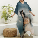 Running Wild Stallion Horse Print Silk V-Neck Kaftan Dress