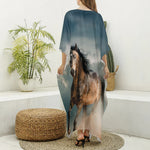 Running Wild Stallion Horse Print Silk V-Neck Kaftan Dress