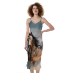 Running Wild Stallion Horse Print Slim Fit Midi Cami Dress