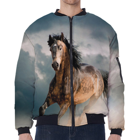 Running Wild Stallion Horse Print Zip Sleeve Bomber Jacket