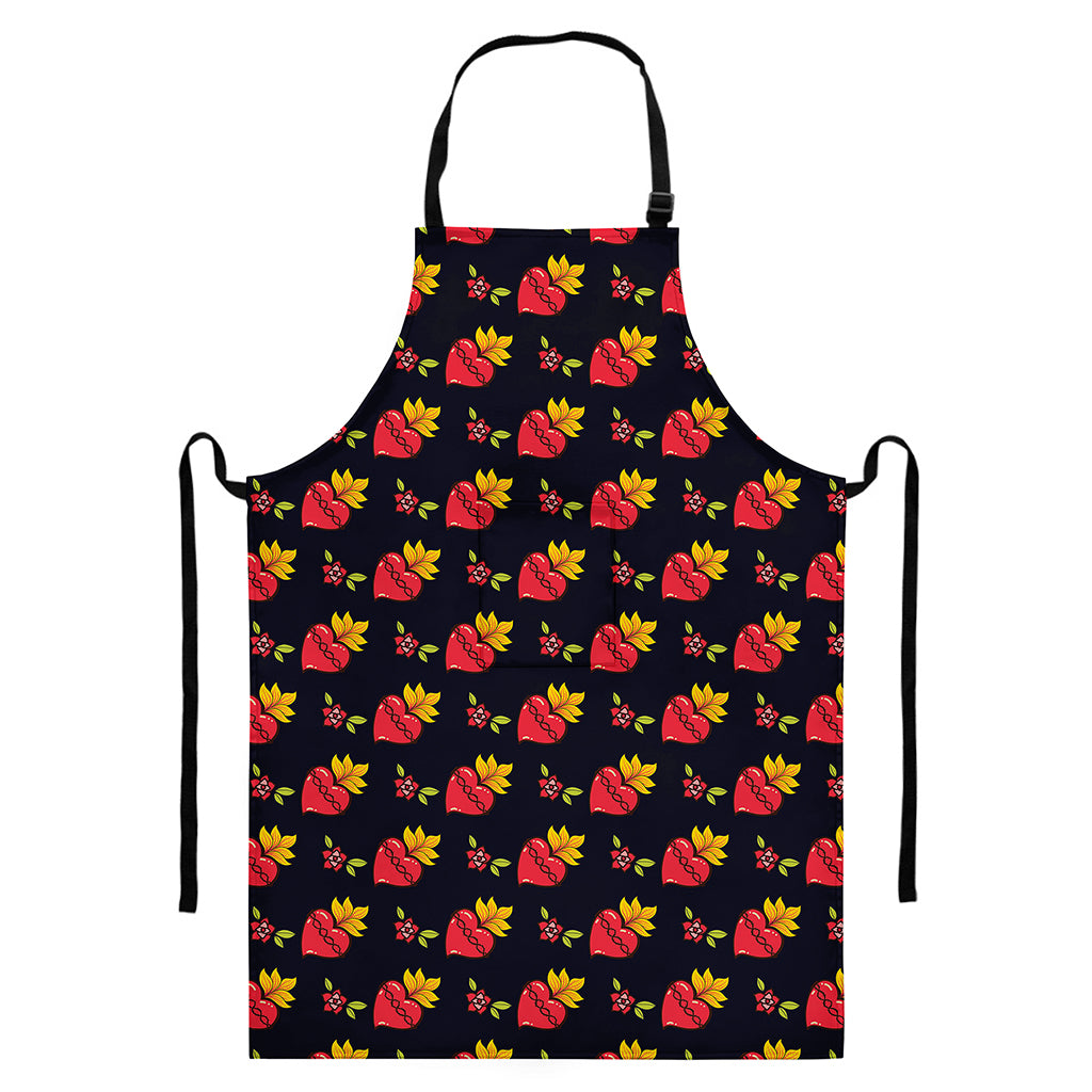 Sacred Heart Pattern Print Bib Apron With Pocket