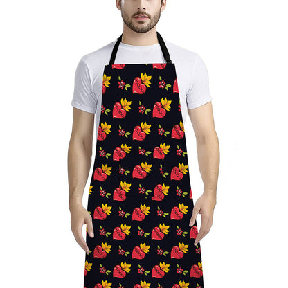 Sacred Heart Pattern Print Bib Apron With Pocket