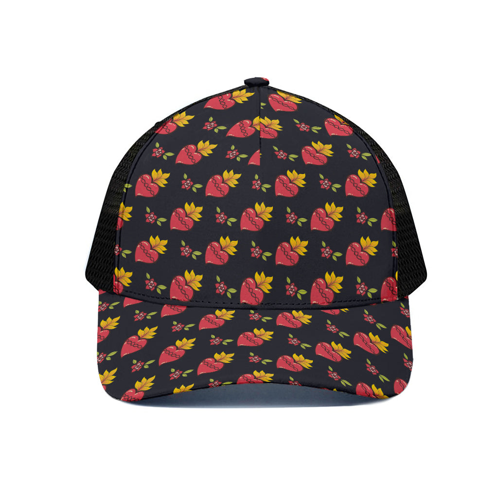 Sacred Heart Pattern Print Black Mesh Trucker Cap