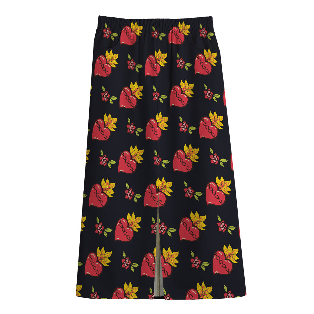Sacred Heart Pattern Print Cotton Front Slit Maxi Skirt