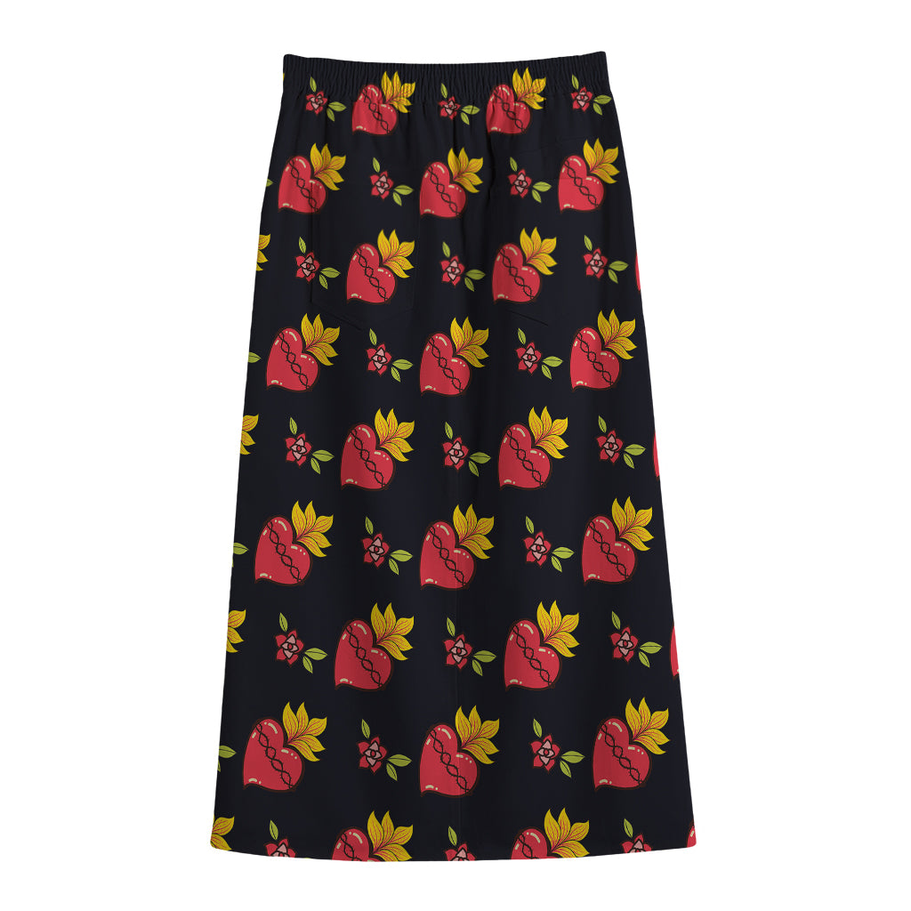 Sacred Heart Pattern Print Cotton Front Slit Maxi Skirt