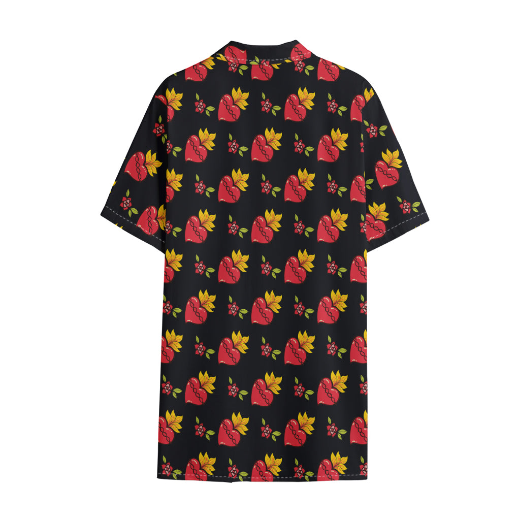 Sacred Heart Pattern Print Cotton Hawaiian Shirt