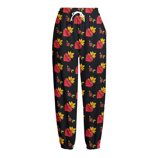 Sacred Heart Pattern Print Fleece Lined Knit Pants